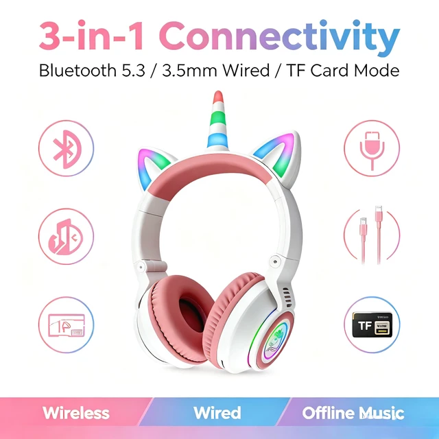 Alt view image 2 of 7 - Unicorn Headphones for Girls, Kids Bluetooth Wireless, White 7 Colour Flash Light, 93dB Volume Limited, Toddlers Tablet/iPad/ Fire, Birthday Gifts