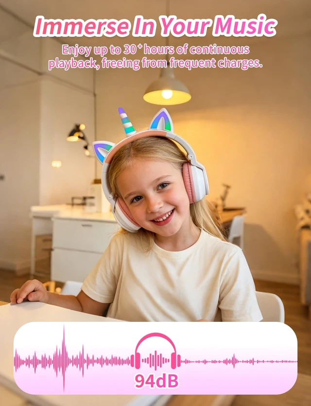 Alt view image 6 of 7 - Unicorn Headphones for Girls, Kids Bluetooth Wireless, White 7 Colour Flash Light, 93dB Volume Limited, Toddlers Tablet/iPad/ Fire, Birthday Gifts