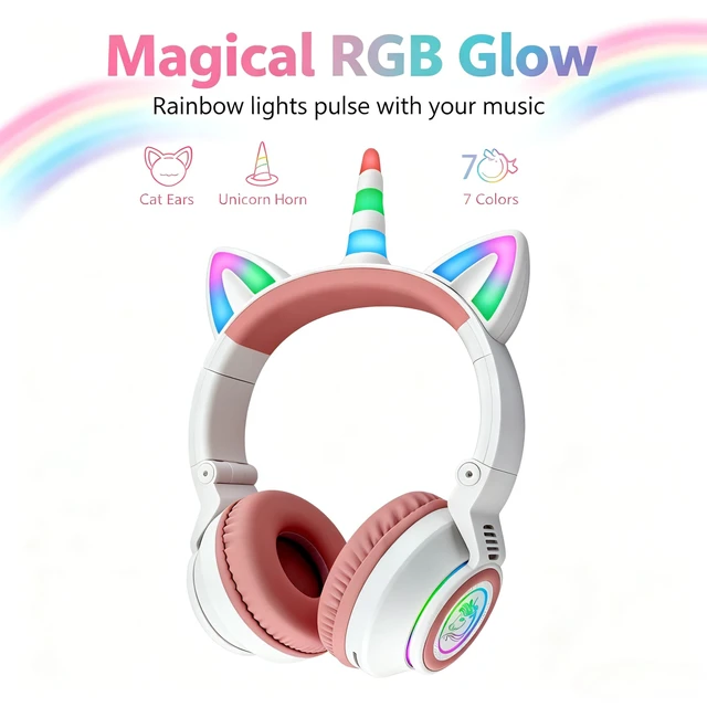 Alt view image 4 of 7 - Unicorn Headphones for Girls, Kids Bluetooth Wireless, White 7 Colour Flash Light, 93dB Volume Limited, Toddlers Tablet/iPad/ Fire, Birthday Gifts