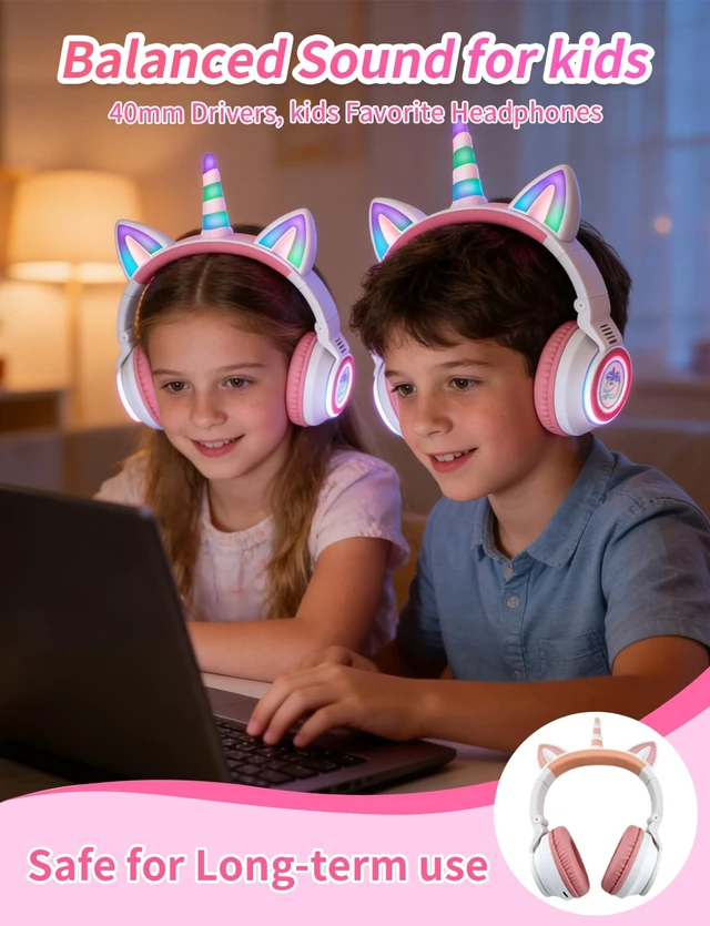 Alt view image 5 of 7 - Unicorn Headphones for Girls, Kids Bluetooth Wireless, White 7 Colour Flash Light, 93dB Volume Limited, Toddlers Tablet/iPad/ Fire, Birthday Gifts