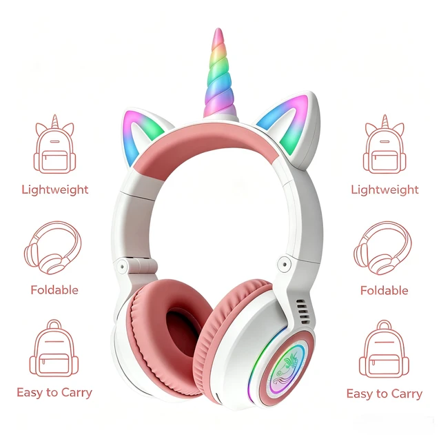 Alt view image 7 of 7 - Unicorn Headphones for Girls, Kids Bluetooth Wireless, White 7 Colour Flash Light, 93dB Volume Limited, Toddlers Tablet/iPad/ Fire, Birthday Gifts