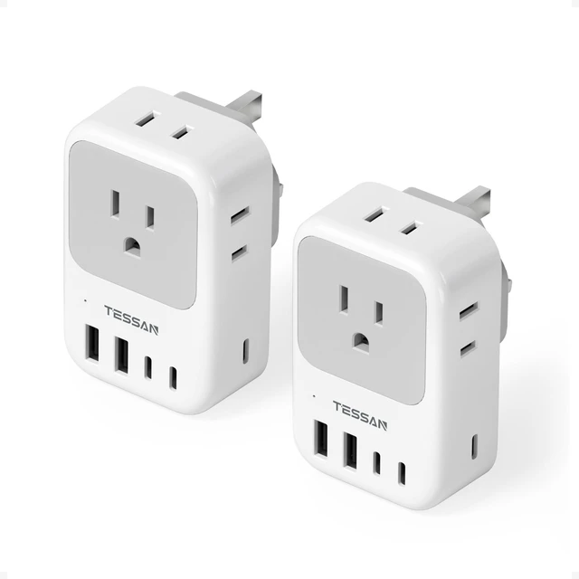 Main image of US to UK Plug Adapter 2 Pack, Type G Adapter for Travel 4 Outlets 5 USB Ports (3 USB-C) 28W, Ireland Power Outlet Adaptor for USA to England Scotland London British Hong Kong Kenya