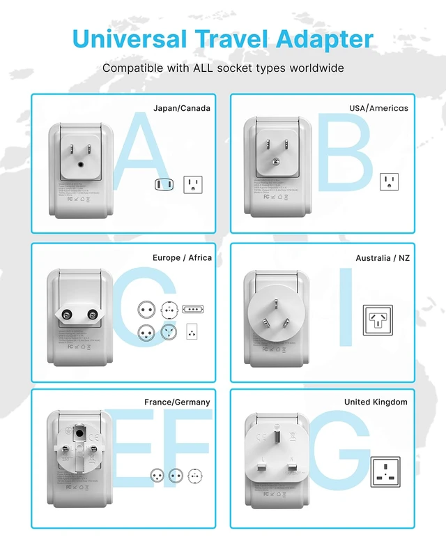 Alt view image 2 of 6 - Universal Travel Adapter Kit, Type A,B,C,E/F,G,I Detachable Plug 7 in 1 International Power Adapter with 4 Outlets 3 USB(2 USB-C), Travel Adaptor Worldwide for US Europe UK Australia Japan