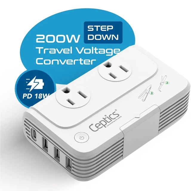 Alt view image 2 of 7 - 220V to 110V Voltage Converter, 200W, 4 USB, PD 18W Fast Charging Includes Type C, E/F, G & I plugs. 2 AC outlets for curling irons, straighteners, chargers & travel