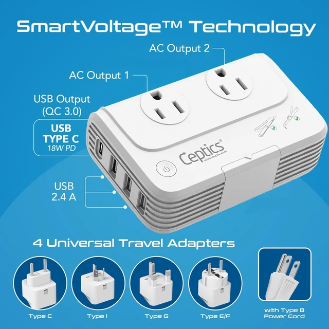 Alt view image 4 of 7 - 220V to 110V Voltage Converter, 200W, 4 USB, PD 18W Fast Charging Includes Type C, E/F, G & I plugs. 2 AC outlets for curling irons, straighteners, chargers & travel
