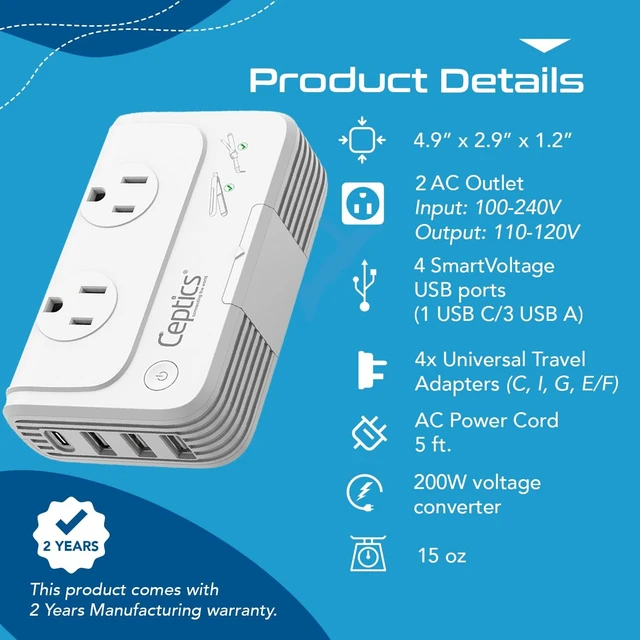 Alt view image 5 of 7 - 220V to 110V Voltage Converter, 200W, 4 USB, PD 18W Fast Charging Includes Type C, E/F, G & I plugs. 2 AC outlets for curling irons, straighteners, chargers & travel