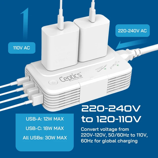 Alt view image 6 of 7 - 220V to 110V Voltage Converter, 200W, 4 USB, PD 18W Fast Charging Includes Type C, E/F, G & I plugs. 2 AC outlets for curling irons, straighteners, chargers & travel