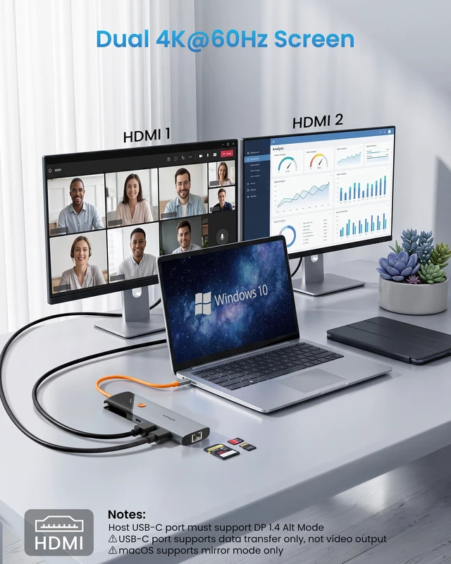 Alt view image 3 of 7 - Docking Station Dual Monotior for Laptop,9-in-1 USB C Dock Dual HDMI Ports 4K@60Hz, 2 USB-A 3.0, USB-C 2.0, SD/TF card readers, Gigabit Ethernet, 100W PD, Computer Dock for HP and Windows