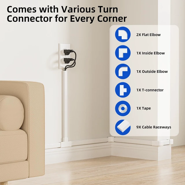 Alt view image 3 of 7 - Cord Hider Cover, 142in TV Cable Concealer Kit for Wall Mounted TV with Management 2-3 Wires, Paintable Cable Cover for Floor, Easy Install, W 0.94 H 0.47in, White