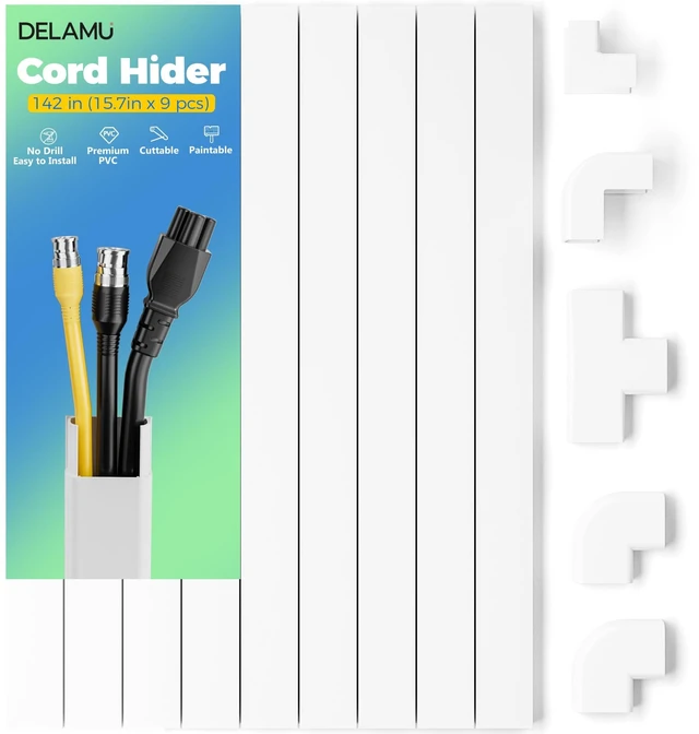 Main image of Cord Hider Cover, 142in TV Cable Concealer Kit for Wall Mounted TV with Management 2-3 Wires, Paintable Cable Cover for Floor, Easy Install, W 0.94 H 0.47in, White