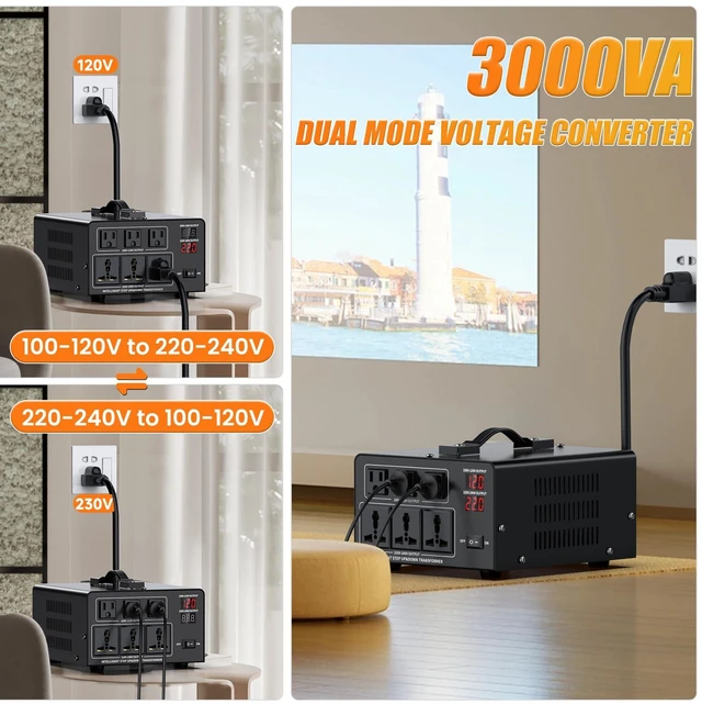 Alt view image 2 of 7 - 3000W Voltage Converter Transformer Step Up 110V/120V to220V/240V or Step Down 220V to 110V AC Power Converte, Circuit Breaker Protection, 3 US sockets, 3 Universal sockets, LCD Display