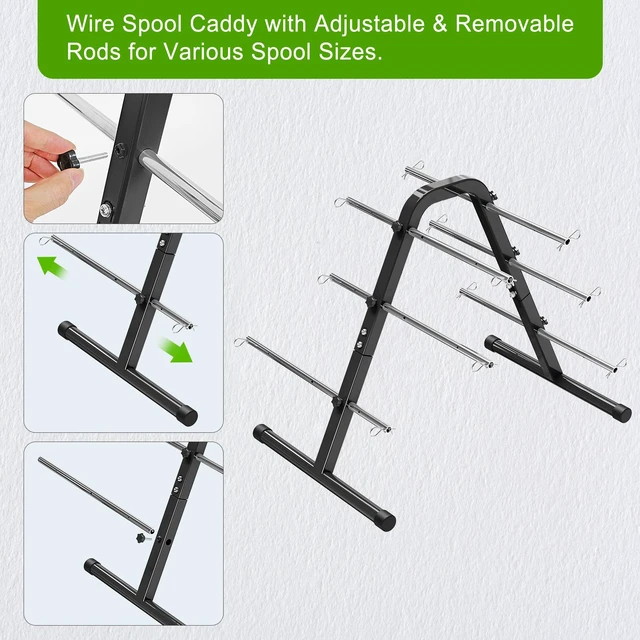 Alt view image 4 of 7 - Portable Wire Spool Caddy, Heavy-Duty Cable Dispenser with 6 Rods Black Electrical Wire Caddy, Steel Structure Wire Spool Rack with Adjustable Rods for Effortless Spool Storage & Dispensing