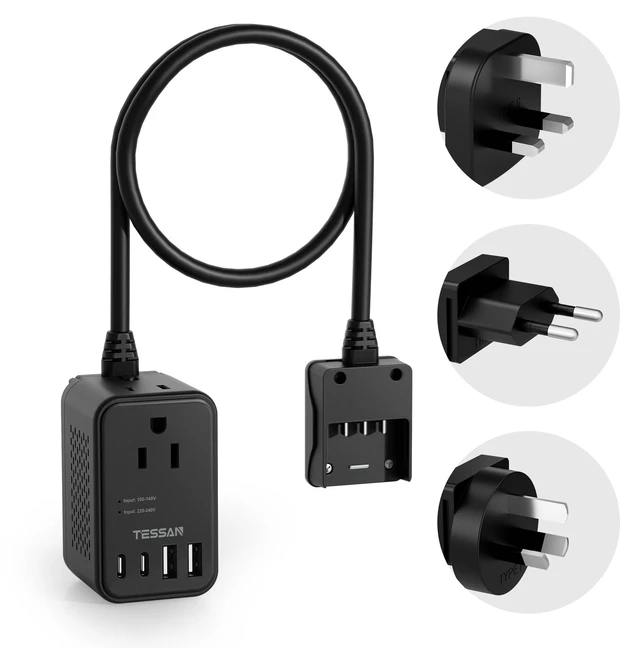 Main image of 220 to 110 Voltage Converter, Black US to Europe, 4 USB Ports (2 USB C), 2 AC Outlets, EU/UK/AU Plug, Step Down Transformer