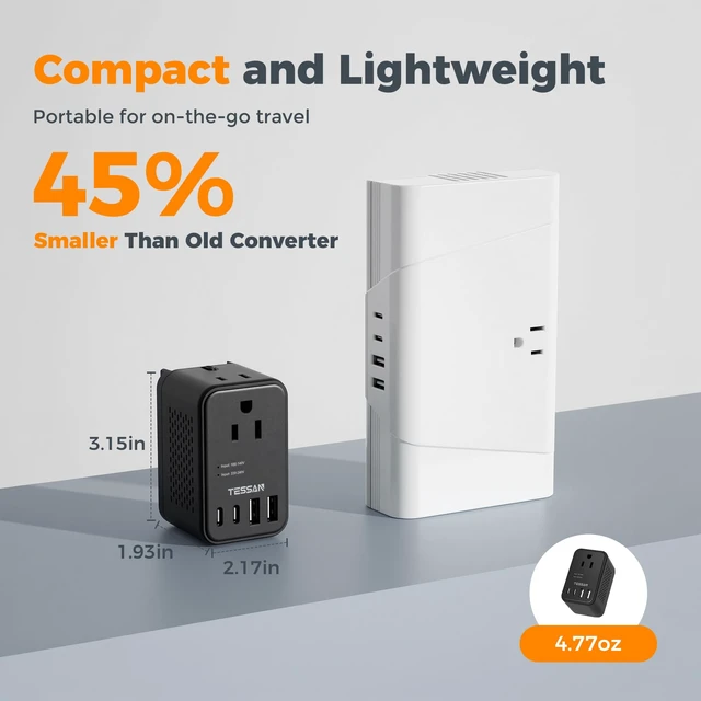 Alt view image 6 of 7 - 220 to 110 Voltage Converter, Black US to Europe, 4 USB Ports (2 USB C), 2 AC Outlets, EU/UK/AU Plug, Step Down Transformer