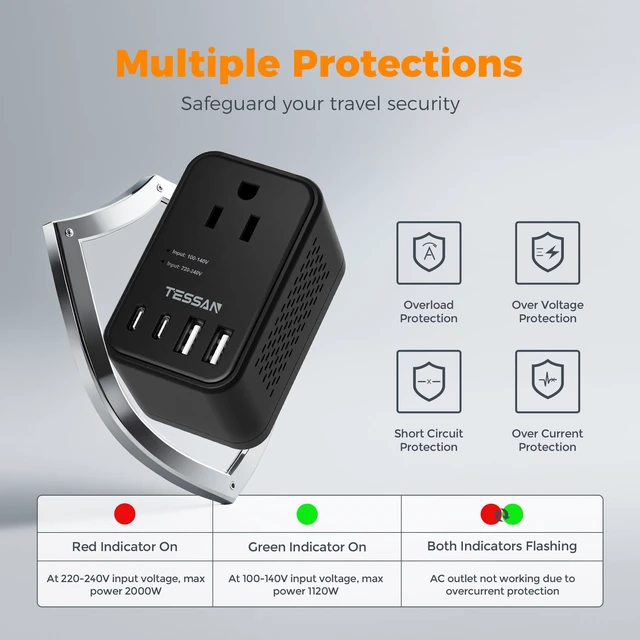 Alt view image 7 of 7 - 220 to 110 Voltage Converter, Black US to Europe, 4 USB Ports (2 USB C), 2 AC Outlets, EU/UK/AU Plug, Step Down Transformer