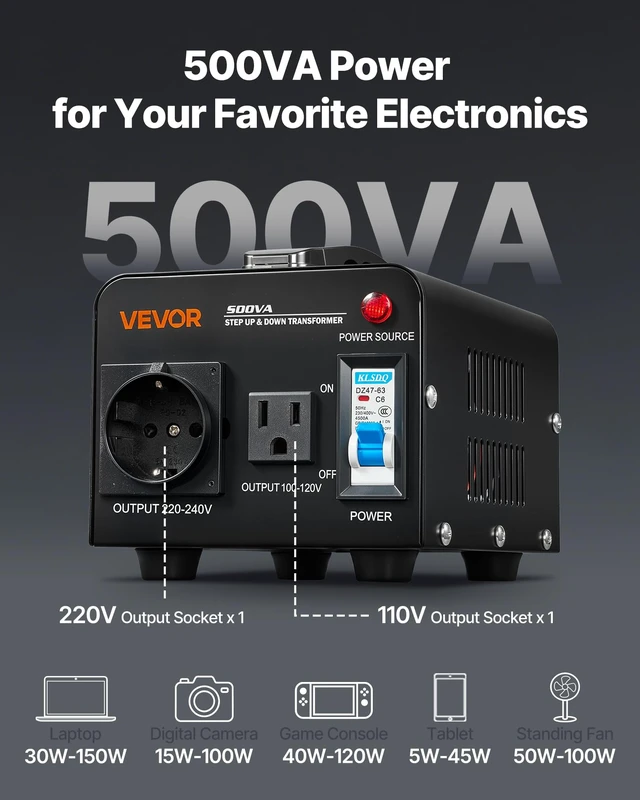 Alt view image 4 of 7 - Voltage Converter Transformer, 500VA, Heavy Duty Step Up/Down Power Transformer, Convert from 110V to 220V and 220V to 110V, with US Outlet, EU Outlet, Power Cord, Circuit Breaker Protection