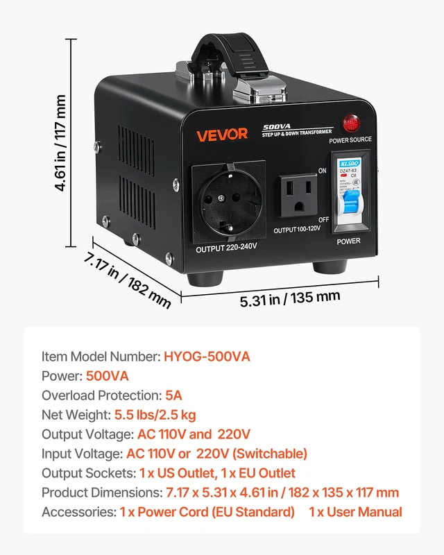 Alt view image 7 of 7 - Voltage Converter Transformer, 500VA, Heavy Duty Step Up/Down Power Transformer, Convert from 110V to 220V and 220V to 110V, with US Outlet, EU Outlet, Power Cord, Circuit Breaker Protection