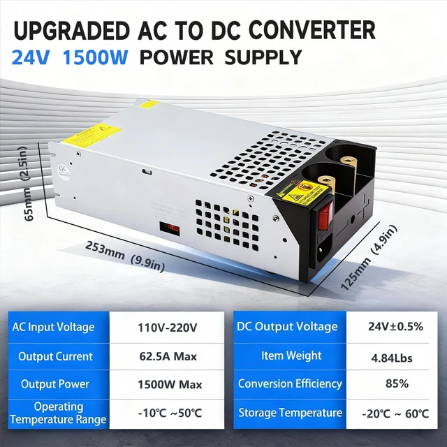 Alt view image 2 of 7 - 110V AC to DC 24V Converter 120V to 24V 62.5A 1500W Power Supply 62.5A 1500W Switching Power Supply for LED Strip Motor Pump CCTV Camera System Car Stereo 3D Printer