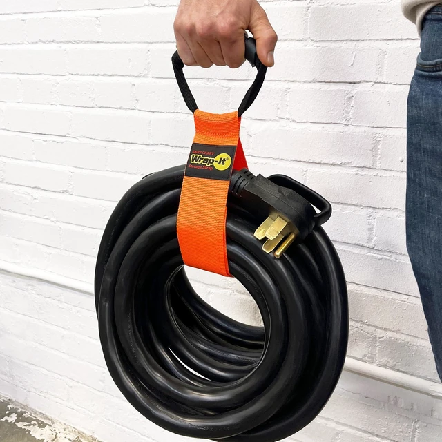 Alt view image 5 of 7 - Easy-Carry Straps - 22" (2-Pack) Blaze Orange Heavy-Duty Hook and Loop Cord Carrying Strap, Hanger, and Organizer with Handle for Pool Hoses, Garden Hoses, Cords, Cables