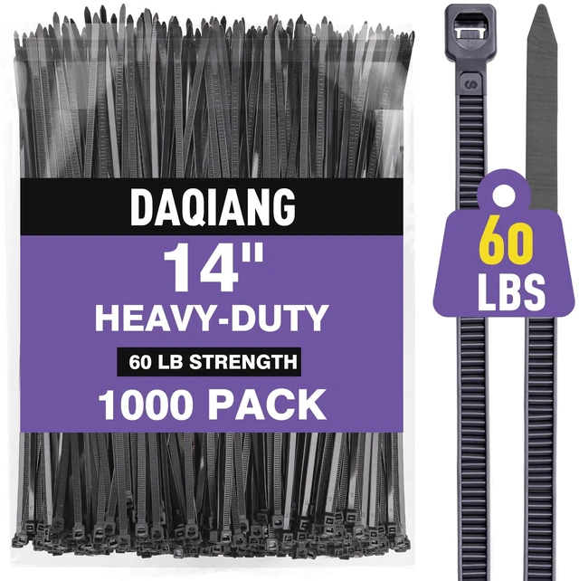 Main image of 1000-Pack Heavy Duty 14-Inch Black Zip Ties 60 lb Tensile Strength, UV Resistant & Self-Locking Nylon Cable Ties for