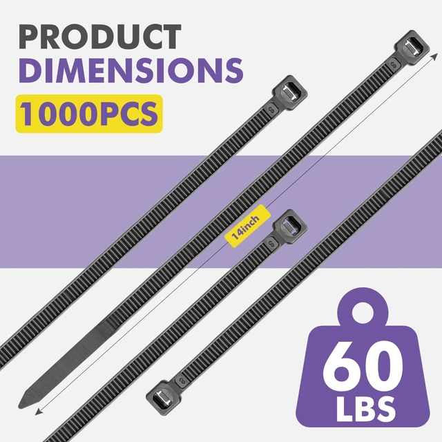 Alt view image 2 of 6 - 1000-Pack Heavy Duty 14-Inch Black Zip Ties 60 lb Tensile Strength, UV Resistant & Self-Locking Nylon Cable Ties for