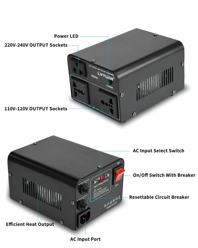 Alt view image 4 of 7 - Voltage Converter Transformer 800 Watt Step Up/Down Convert from 110V-120V to 220V-240Vt and from 220V-240V to 110V-120V with 2 US outlets, 2 Universal outlets, Resettable Circuit Breaker
