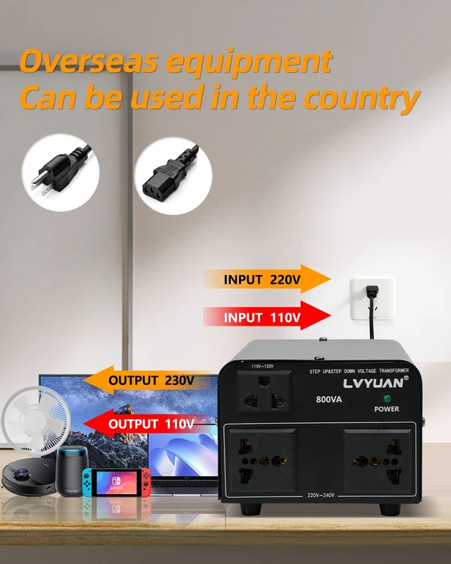 Alt view image 5 of 7 - Voltage Converter Transformer 800 Watt Step Up/Down Convert from 110V-120V to 220V-240Vt and from 220V-240V to 110V-120V with 2 US outlets, 2 Universal outlets, Resettable Circuit Breaker