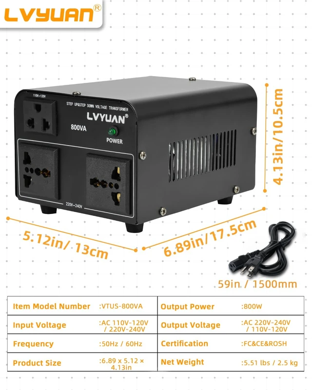 Alt view image 7 of 7 - Voltage Converter Transformer 800 Watt Step Up/Down Convert from 110V-120V to 220V-240Vt and from 220V-240V to 110V-120V with 2 US outlets, 2 Universal outlets, Resettable Circuit Breaker