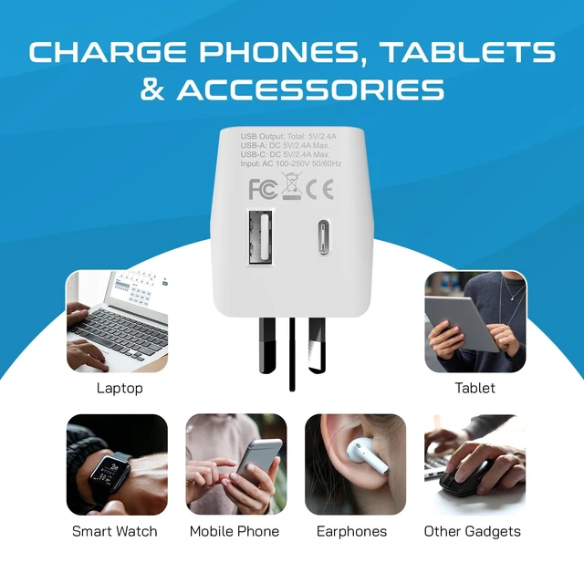 Alt view image 6 of 7 - Australia Plug Adapter, 3-in-1, 1 USB C, USB A, Type I Adapter 1 US Outlet Type I Plug Adapter with 1 USB-A, 1 USB-C, CE & RoHS certified, for Australia, New Zealand, Argentina & China