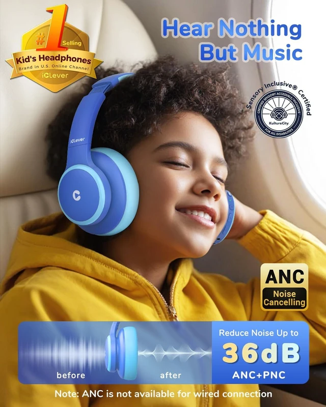Alt view image 2 of 7 - BTH26 Active Noise Cancelling Headphones for Kids, 60H Playtime SafeSound Tech 3.1, USB C Fast Charging, Bluetooth5.4, Kids Bluetooth Headphones, with Mic AUX Cord for iPad Airplane, Blue
