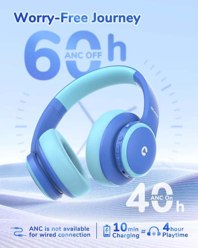 Alt view image 3 of 7 - BTH26 Active Noise Cancelling Headphones for Kids, 60H Playtime SafeSound Tech 3.1, USB C Fast Charging, Bluetooth5.4, Kids Bluetooth Headphones, with Mic AUX Cord for iPad Airplane, Blue