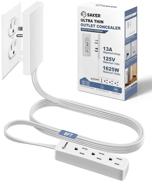 Main image of Outlet Concealer Power Strip, 8ft Flat Cord, 3 Outlets, White 8ft Ultra-Thin Flat Extension Cord, Low-Profile Flat Plug Design, 3 Convenient AC Outlets, Wall-Hugging Cord Management