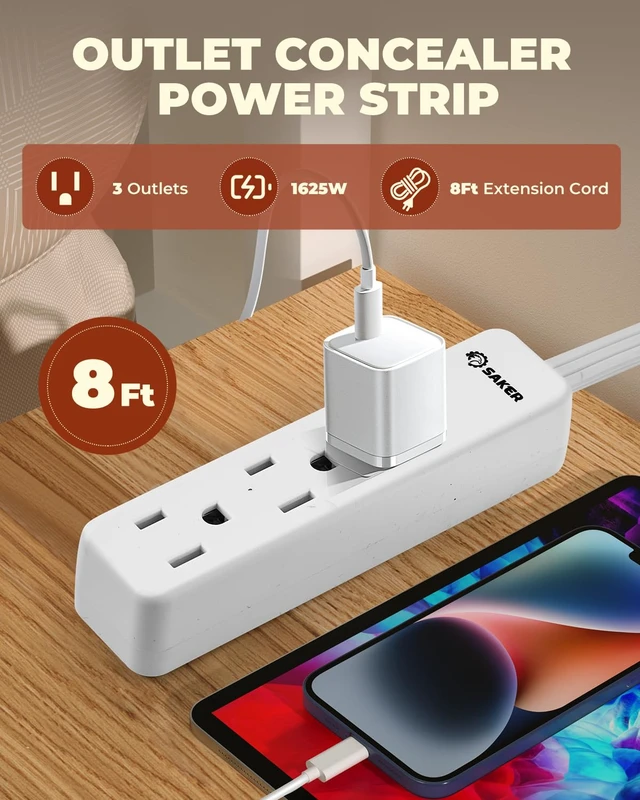 Alt view image 3 of 7 - Outlet Concealer Power Strip, 8ft Flat Cord, 3 Outlets, White 8ft Ultra-Thin Flat Extension Cord, Low-Profile Flat Plug Design, 3 Convenient AC Outlets, Wall-Hugging Cord Management