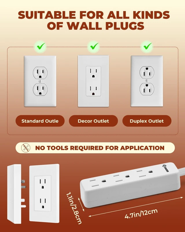 Alt view image 5 of 7 - Outlet Concealer Power Strip, 8ft Flat Cord, 3 Outlets, White 8ft Ultra-Thin Flat Extension Cord, Low-Profile Flat Plug Design, 3 Convenient AC Outlets, Wall-Hugging Cord Management