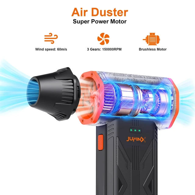 Alt view image 2 of 7 - Compressed Air Duster,150000RPM High Speed brushless Motor Mini Blower 3-speed adjustable electric air duster with multiple nozzles, for cleaning car, keyboard, computer, home and outdoor