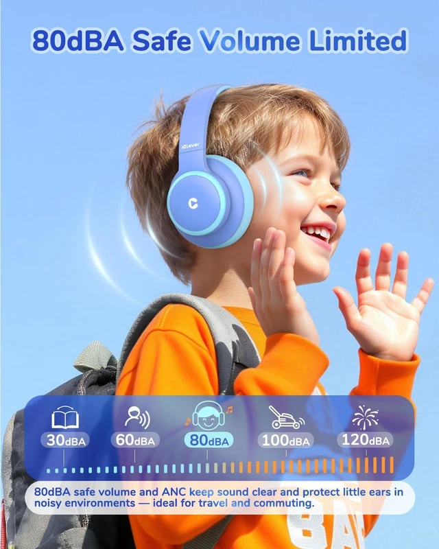 Alt view image 4 of 7 - BTH26 Active Noise Cancelling Headphones for Kids, 60H Playtime SafeSound Tech 3.1, USB C Fast Charging, Bluetooth5.4, Kids Bluetooth Headphones, with Mic AUX Cord for iPad Airplane, Blue