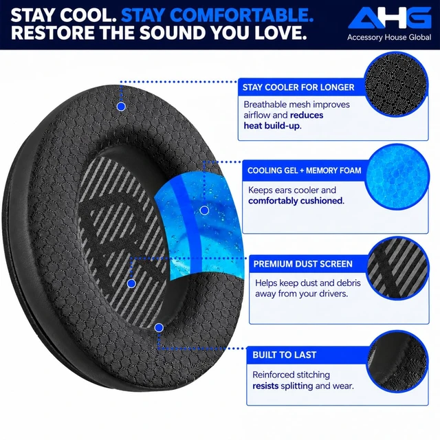 Alt view image 4 of 7 - QC45 Ear Pads Compatible with Bose QuietComfort 45 35 QC35 II QCSC QCSE Cooling Gel Easy DIY Fit Premium Protein Leather Extra Thick Soft High-Density Foam