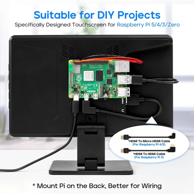 Alt view image 2 of 7 - 10.1" Touchscreen Monitor, 1024x600 IPS Raspberry Pi Screen, HDMI 5-Point Touch, Dual Speakers, Plug & Play, Pi 5/4/3/Zero, Home Assistant, Gaming, PC Sub-Monitor, 3 Display Modes, with Case
