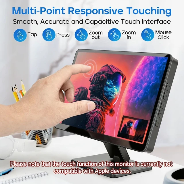 Alt view image 4 of 7 - 10.1" Touchscreen Monitor, 1024x600 IPS Raspberry Pi Screen, HDMI 5-Point Touch, Dual Speakers, Plug & Play, Pi 5/4/3/Zero, Home Assistant, Gaming, PC Sub-Monitor, 3 Display Modes, with Case