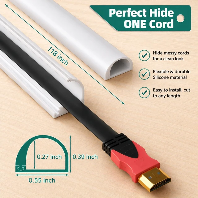 Alt view image 2 of 7 - Cord Hider Raceway Kit for 1 Cable, 118" Silicone TV Cable Hider for Wall Flexible Wire Cover & Cord Organizer, Self-Adhesive Cable Raceway, Wire Concealer for Home Office, Desk and Entertainment