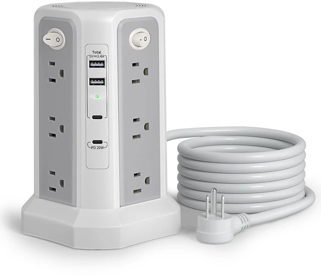 Main image of Surge Protector Power Strip Tower (13A 1625W) 10FT with PD20W USB C Port Extension Cord with 12 AC Mutiple Outlets, Power Tower Overload Protection for Home Office Dorm Room, Grey White