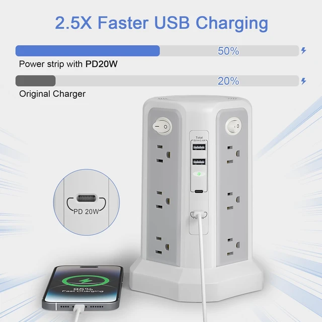 Alt view image 2 of 6 - Surge Protector Power Strip Tower (13A 1625W) 10FT with PD20W USB C Port Extension Cord with 12 AC Mutiple Outlets, Power Tower Overload Protection for Home Office Dorm Room, Grey White