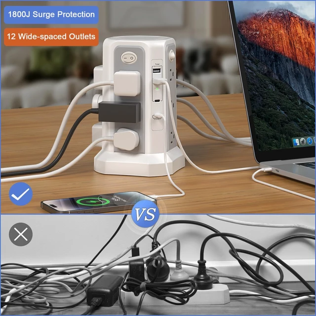 Alt view image 3 of 6 - Surge Protector Power Strip Tower (13A 1625W) 10FT with PD20W USB C Port Extension Cord with 12 AC Mutiple Outlets, Power Tower Overload Protection for Home Office Dorm Room, Grey White