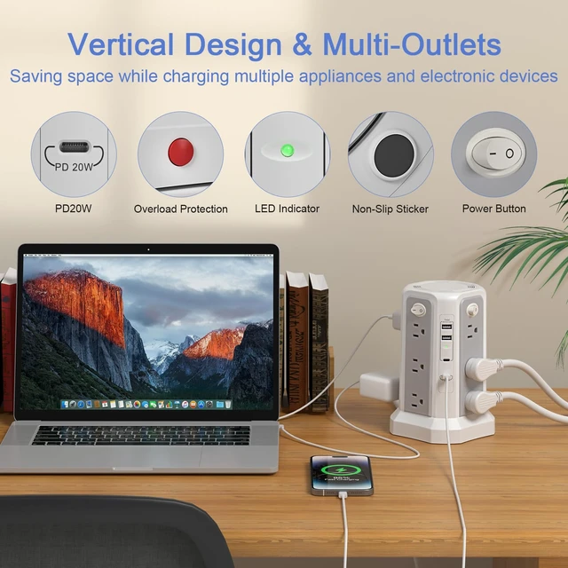 Alt view image 4 of 6 - Surge Protector Power Strip Tower (13A 1625W) 10FT with PD20W USB C Port Extension Cord with 12 AC Mutiple Outlets, Power Tower Overload Protection for Home Office Dorm Room, Grey White
