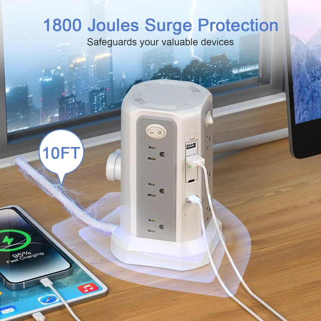 Alt view image 5 of 6 - Surge Protector Power Strip Tower (13A 1625W) 10FT with PD20W USB C Port Extension Cord with 12 AC Mutiple Outlets, Power Tower Overload Protection for Home Office Dorm Room, Grey White