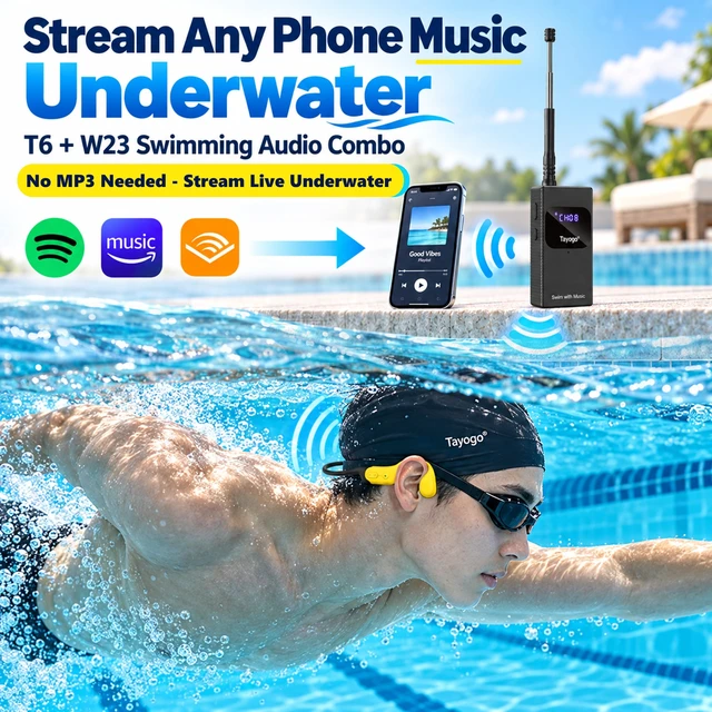 Alt view image 7 of 7 - Swimming Headphones for Spotify, No Downloads Needed T6+W23 SwimCombo Stream Phone Audio via T6 Bone Conduction Swim Coach Communicator Silicone-Coated Housing