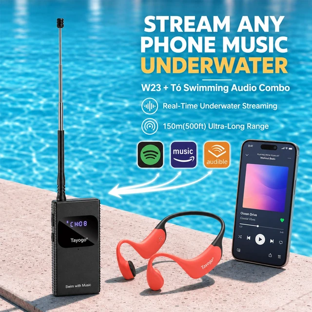 Alt view image 2 of 7 - Swimming Headphones for Spotify, No Downloads Needed T6+W23 SwimCombo Stream Phone Audio via T6 Bone Conduction Swim Coach Communicator Silicone-Coated Housing