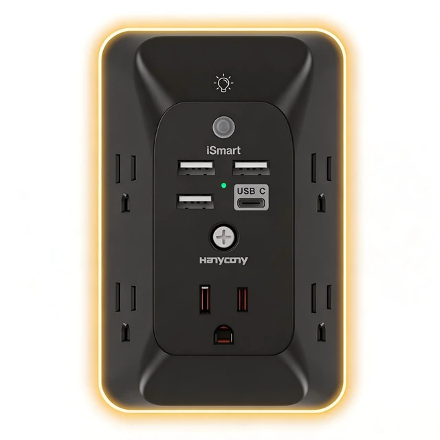 Main image of Outlet Extender with Night Light, Multi Plug Outlet, USB Wall Charger Surge Protector with 4 USB Ports(1 USB C), 5 Widely Spaced Outlets Splitter, Expander for Home, Dorm Room Essentials, Black