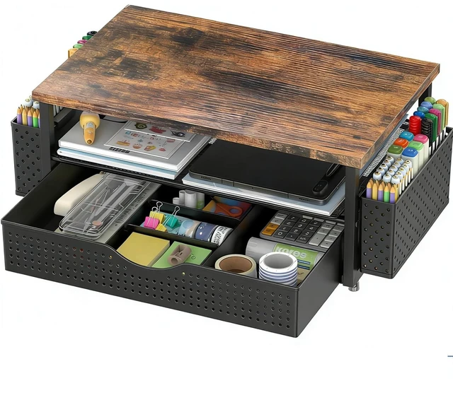 Main image of Computer Monitor Stand with Drawer and 2 Pen Holders, Wood Double layer storage Computer Stand Monitor Riser Office Organization for Desk