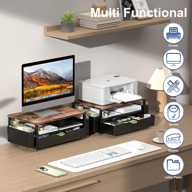 Alt view image 5 of 7 - Computer Monitor Stand with Drawer and 2 Pen Holders, Wood Double layer storage Computer Stand Monitor Riser Office Organization for Desk